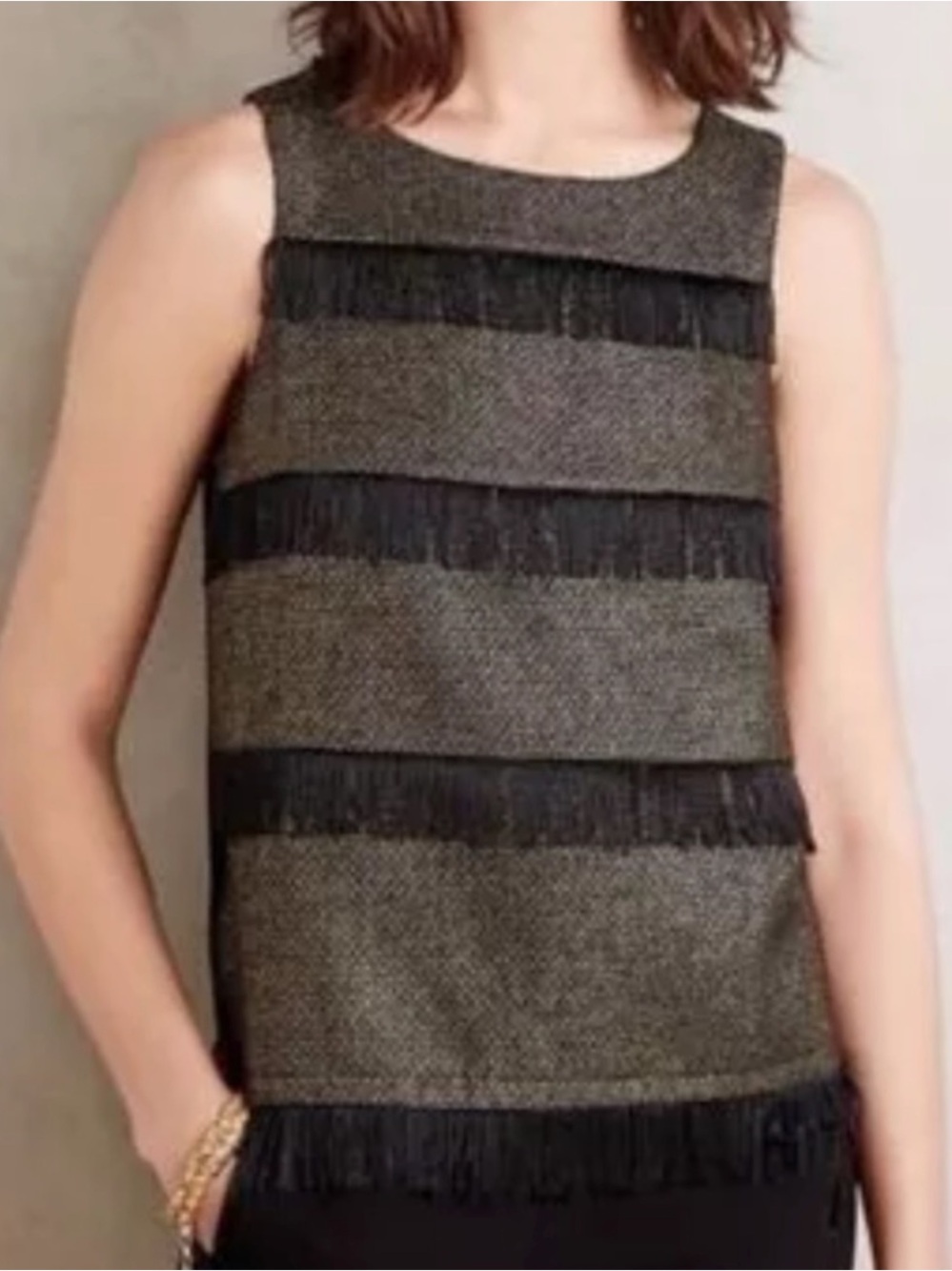 Sunday in Brooklyn Gold and Black Tweed Fringe Tank Blouse